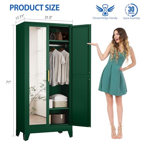 GAIOUS Metal Wardrobe Cabinet with Mirror and Hanging Rod, 71" Green | Clothing Storage Cabinets with 2 Doors and Adjustable Shelves, Armoire Wardrobe Closet for Bedroom, Laundry Room, Cloak Room - color: No Drawer Green- Mirror Style, size: 17.71"D x 31.