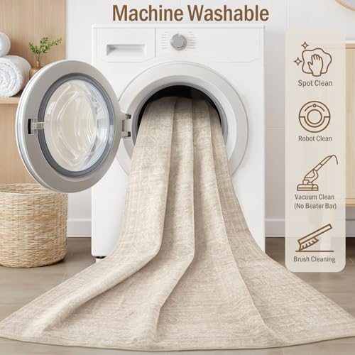 Nakagishi Neutral 2x8 Runner Rug Non Slip Carpet Washable, Beige | Pet & Kid Friendly, Machine Washable, Soft, Stain Resistant, Low Pile Rugs for Kitchen Hallway Daily Vintage Home Decor - color: Beige, size: 2' x 8' (Runner)