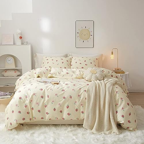 LifeTB Cute Strawberry Duvet Cover Twin Kids Girls Strawberry Bedding Set Kawaii Kids Duvet Cover Soft 100% Cotton Fruit Bedding Cover Boy Teen Cute Comforter Cover with 2 Pillowcases, Cream White - color: A7# Small Strawberry, size: Twin(68"x86")