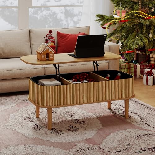 Fluted Lift Top Coffee Table with Hidden Storage, Oval Coffee Table with Lifting Top, Mid Century Modern Design for Living Room, Office & Small Spaces, Natural - color: Natural
