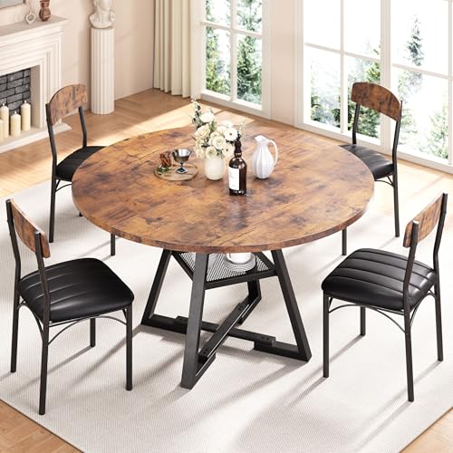 Round Dining Table Set for 4, Kitchen Table and Chairs for 4, Circle Table Round Pedestal Dining Room Dinner Dinette Table Set,5 Piece Space Saving Wood Kitchen & Dining Room Tables (Vintage, 42In) - color: Vintage