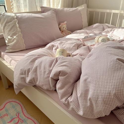 mixinni Purple White Gingham Duvet Cover Twin Size - 3 Piece Cottagecore Plaid Bedding Set with Lace Trim, Soft Washed Microfiber Vintage Aesthetic Grid Comforter Cover & Pillow Shams - color: 03 - Purple Gingham, size: Twin(68" x 86")