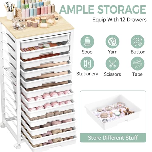 Sykiariol Rolling Cart with 12 Drawers,White | Storage Cart with Wooden Tabletop and Wheels for Craft Organizer,Classroom,Office,Easy Assembly - color: White, size: 12 Drawers