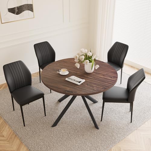 HIPIHOM 45.3'' Walnut Round Dining Table Set for 4, Mid Century Modern Small Coffee Set for Dining Room Kitchen Apartment (Dark Walnut Table + 4 Black Chairs) - color: Walnut Table+4 Black Chairs