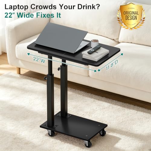 AOODA 22''W TV Tray Table with Wheels Adjustable Height, C Shaped End Tables Living Room, Rolling Couch Side Table with Storage for Sofa, Bed, Recliner (Pure Black) - color: Pure Black