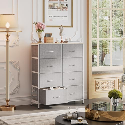 WLIVE Fabric Dresser for Bedroom, Tall Dresser with 8 Drawers, Storage Tower with Fabric Bins, Double Dresser, Chest of Drawers for Closet, Playroom, Dormitory, Light Grey | 8-drawer tall storage tower with fabric bins and wood tabletop, breathable non-wo