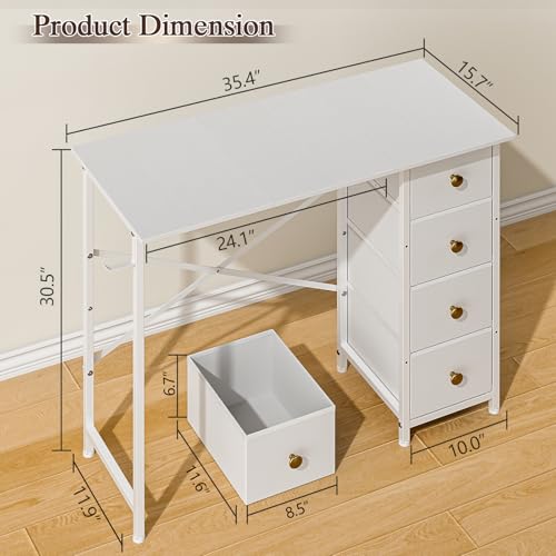 Small White Desk with Drawers for Bedroom, 35.4 Inch Kids Girls Teens Student Writing Desk with Storage, Reversible Study Table, White Computer Desk for Home Office, Makeup Vanity Desk for Small Space - color: White