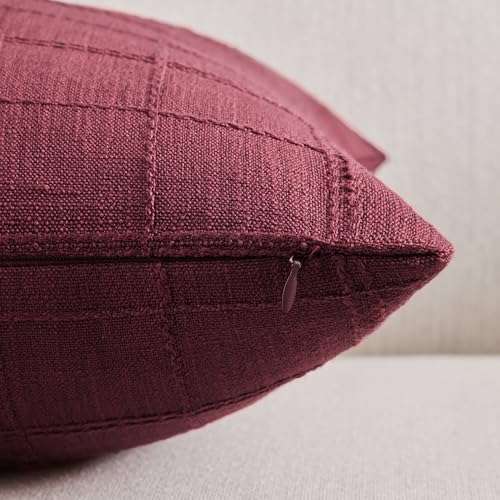 Linen Checked Throw Pillow Covers Set of 2, 16x16 Inch Allover Grid Burgundy, Farmhouse Decorative Double Sided Grid Embroidered Couch Pillow Cases Red Cotton Linen Cushion Covers - color: Allover Grid Burgundy, size: 16" x 16" (Pack of 2)
