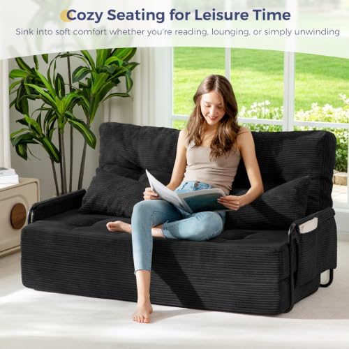 MAXYOYO Adjustable Folding Sofa Bed Couch with 2 Pillows, Black | Multi-Functional Bean Bag Bed, 5-Position Foldable Lazy Floor Sofa Bed with Armrest, Versatile Floor Seating for Reading - color: Black