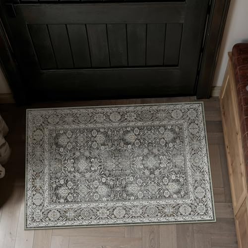 Black Small Entryway Rug 2x3 Vintage Traditional Distressed | Washable, Non Slip, Soft Low Pile, Door Mat for Indoor Entrance, Kitchen, Bathroom, Farmhouse Decor - color: Accent Black, size: 2' x 3' (Rectangular)