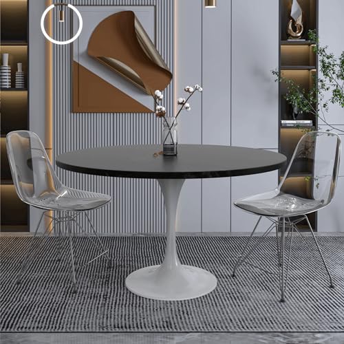 LeisureMod Verve Mid-Century Modern Dining Table with a 48" Round MDF Tabletop and White Steel Pedestal Base for Kitchen and Dining Room (Black) - color: Black Wood, size: 48 inch Wide