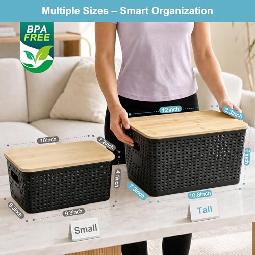 2 Pack Tall Plastic Storage Bins with Bamboo Lids, 10.8qt Stackable Storages Baskets for Organizing Desktop Closet Playroom Classroom Office, 12"L x 8.3"W x 6.1"H, Black - color: Black, size: Tall- 2 Pack