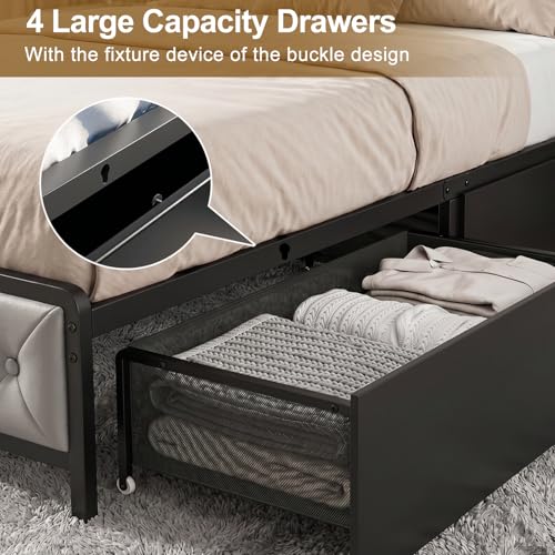 Twin Bed Frame with Button Headboard, PU Leather, All-Metal Support Platform LED Twin Bed with Storage and Charge Station, Easy to Install, Stable, Noise-Free (Grey) - color: Grey