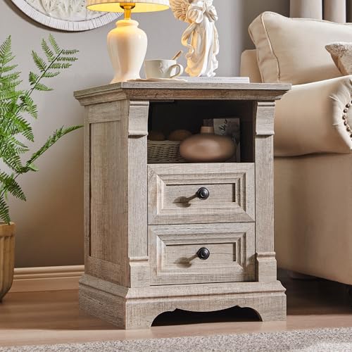 Nightstand Set of 2, 18" Wood Side Table with Charging Station Roman Column | End Table, Bedside Cabinet for Bedroom, Living Room, Light Rustic Oak - color: Light Rustic Oak, size: 18"D x 18"W x 24"H