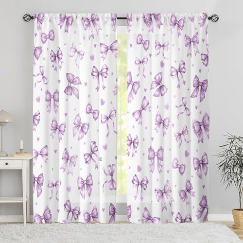 Purple Bow Curtains for Living Room,Purple Bow Curtains 84 Inches Long 2 Panels,Semi Sheer Privacy Curtain with Rod Pocket for Girls Bedroom,Cute Decorative Light Filtering Drapes,W52 x L84 Inch - color: Purple Bow, size: 52"W x 84"L (Pack of 2)
