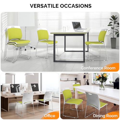 VINGLI Stackable Plastic Mesh Padded Chairs for Office Set of 4, Green | Stacking Chairs with Metal Sled Base, Ergonomic Plastic Pad Seat & Back, Waiting Banquet Guest Break Room, Easy to install - color: Green, size: 4 Pack