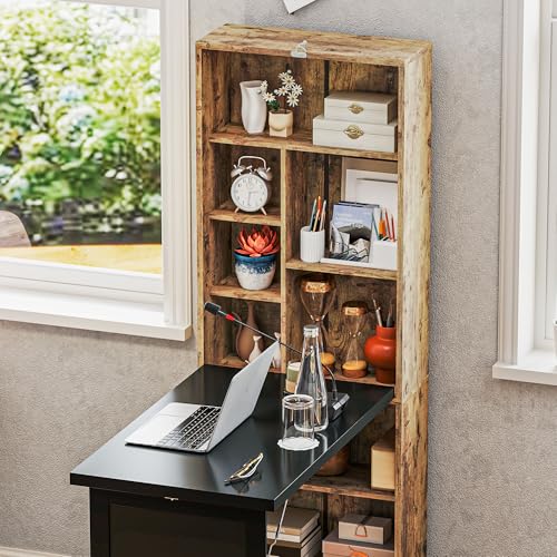 HOMCOM Foldable Desk Wall Mounted Convertible Table, Rustic Brown | Wall Mounted, Space-Saving, Chalkboard, Storage Shelves, for Small Spaces, Home Office, Bedroom, Dorm, Apartment - color: Rustic Brown