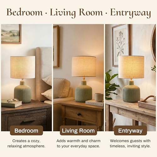 Ceramic Table Lamp, Oliver Green, 17.75" | Beige Linen Shade, Warm Ambient Lighting, Bedside Nightstand, Natural - color: Green