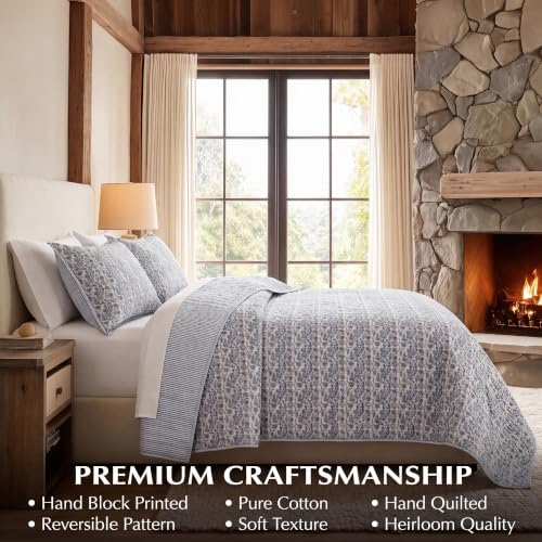 Block Print Reversible Cozy Quilt Baby Blue Eyes Queen 90" x 96" Lightweight Blanket for Sofa, Couch, Bed Soft Breathable Comforter Handmade Bedspread Duvet for Farmhouse, Home, Winter - color: Baby Blue Eyes, size: Queen 90" x 96"