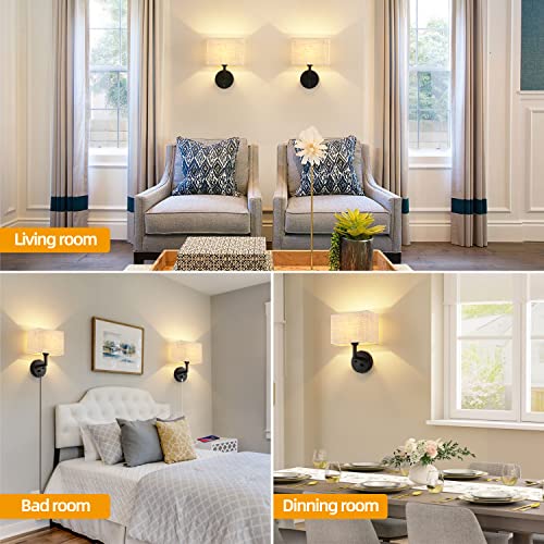 Plug in Wall Sconce with Dimmer Switch and USB Port,9.5“Rectangular Linen Fabric Shade,Bedside Wall Lamp Matte Black Finish,Wall Lamp Perfect for Bedroom, Living Room and Hotel. E26 Base - color: Black