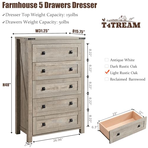 T4TREAM 48" Tall Farmhouse 5-Drawer Dresser for Bedroom, Light Rustic Oak | Rustic chests of drawers, Wood Storage Cabinet, Metal Handle, Unique Corner Accent, Bedroom, Living Room, Hallway - color: Light Rustic Oak, size: 15.8"D x 31.3"W x 48"H (5 Drawer