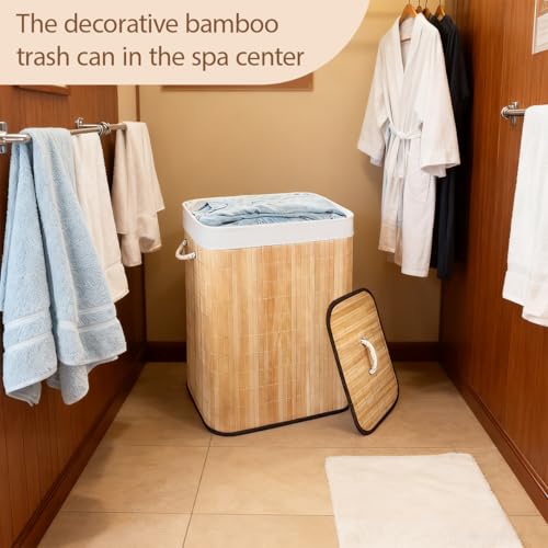 21 Gallon Bamboo Slim Trash Can with Lid,Slim Laundry Hamper,Removable and Machine Washable Liner,Foldable Slim Rectangular Laundry Basket for Laundry Room,Bedroom,Salon Spa