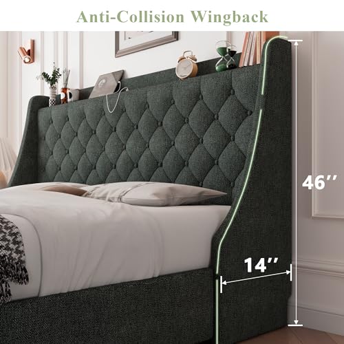 Feonase Queen Bed Frame with 4 Storage Drawers, Upholstered Storage Bed with Charging Station, Tufted Wingback Headboard, No Box Spring Needed, Dark Grey - color: Dark Grey, size: Queen