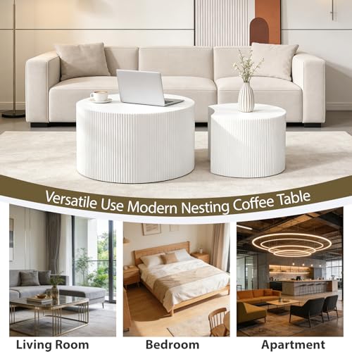 Nesting Coffee Table Set of 2, White 27.5" Round Coffee Table | Wood Fluted Design with Non-Slip Pad, Modern End Table Side Tables for Living Room Bedroom Balcony Yard - color: White 27.5"