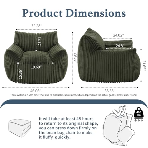Gericco Giant Plush Bean Bag Chair for Adults with Armrests - Oversized Comfy Green Beanbag Lounge Lazy Floor Sofa Accent Chair for Living Room, Bedroom & Dorm, Cozy Fluffy Single Cloud Mini Couch - color: Green, size: XL Sofa Chair