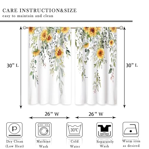 Eucalyptus Botanical Leaves Yellow Sunflower Floral Kitchen Window Curtains Flower Plant Small Window Treatment Sage Green Cafe Short Curtains for Bathroom Treatment Tier Drapes 26x30 inch - color: 06 Green Dark Yellow, size: 26"W x 30"L (Pack of 2)
