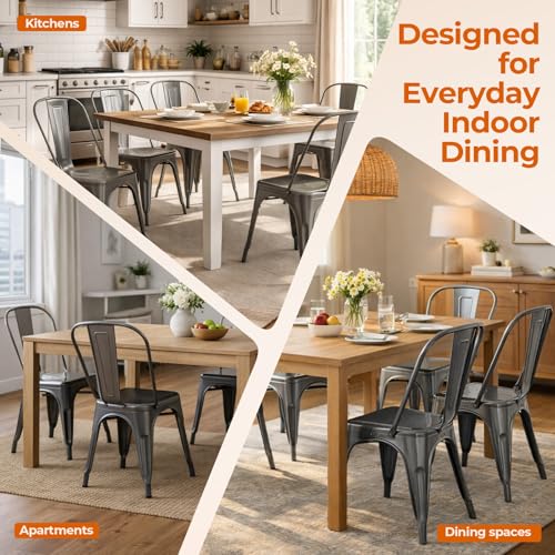 Metal Kitchen Chairs Set of 6 Deepspace Grey Color | Industrial Stackable Metal Chairs for Kitchen Dining Rooms Cafes Restaurant Outdoor - color: Deepspace Grey