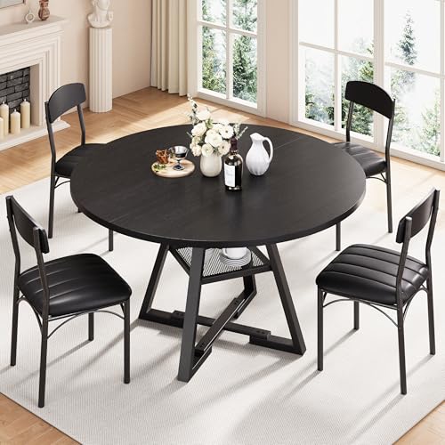 Round Dining Table Set for 4, Kitchen Table and Chairs for 4, Circle Table Round Pedestal Dining Room Dinner Dinette Table Set,5 Piece Space Saving Wood Kitchen & Dining Room Tables (Black, 42In) - color: Black
