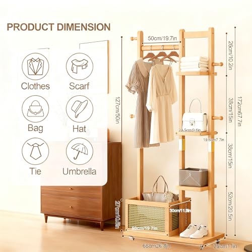 Solid Wood Clothes Rack with Wheels, Rolling Clothing Rack with 4 Shelves & 4 Hooks, Oak Coat Rack Freestanding Heavy Duty with Storage Basket, Coat Hanger Stand for Garment Bags Wallets Hats Shoes - color: Natural Wood