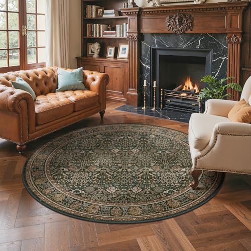6ft Round Area Rug 6x6, Washable Non Slip, Dark Green Brown | Vintage Floral, Spill Resistant, Lightweight Low Pile Non-Shedding Carpet for Bedroom, Nursery and Dining Room - color: Dark Green Brown, size: 6' (Round)