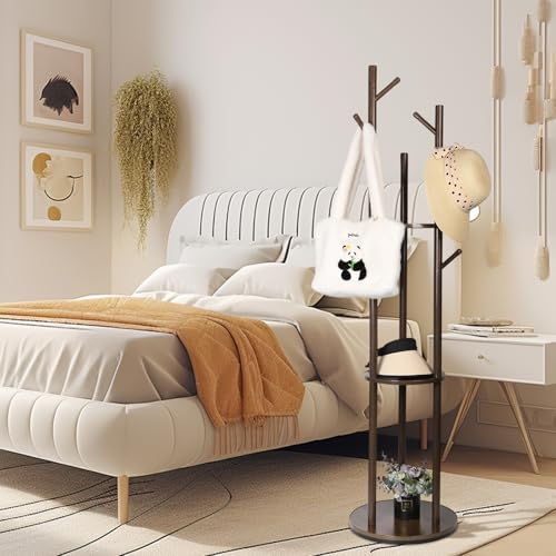 Wood Coat Rack Freestanding Rotary Coat tree with 3 Shelves and 9 Hooks | Heavy Duty Coat Rack Coat Hanger Stand for Entryway, Bedroom, Living Room – Holds Jackets, Coats, Hats, Bags (Walnut) - color: Walnut