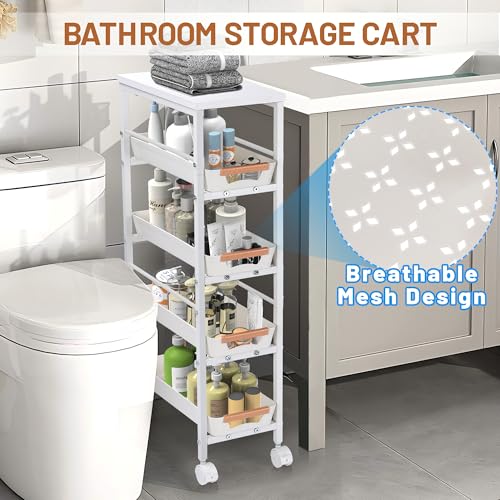 Slim Storage Cart, 5-Tier Narrow Rolling Kitchen Laundry Room Cart with Drawer and Wheels, Metal Utility Cart Slide Out Organizer for Small Spaces (White) - style: 5 Tiers-White