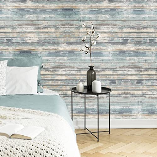 Arthome Blue Rustic Wood Paper 17''x240'' Self-Adhesive Removable Peel and Stick Wallpaper Vinyl Decorative Wood Plank Film Vintage Wall Covering for Furniture Easy to Clean Wooden Grain Paper - color: Blue Wood, size: 17" x 240"