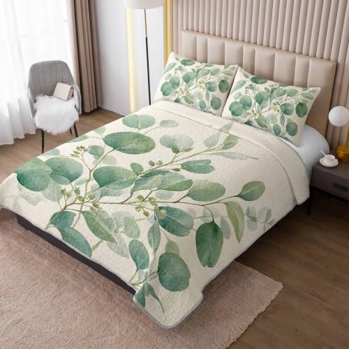 AILONEN Twin Quilted Comforter Set 3 Piece, Watercolor Eucalyptus Bedspread Coverlet with 2 Pillowcases, Botanical Bedding for Kids Dorm Room - color: Eucalyptus Leaves, size: Twin