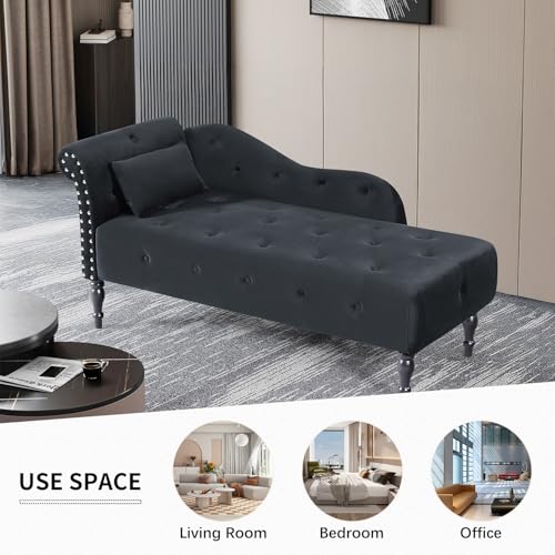 60" Modern Velvet Chaise Lounge Indoor, Upholstered Chair with Left Armrest and Lumbar Pillow, Button Tufted Lounge Sofa for Living Room Bedroom Office, Mini Chaise Longue Sofa (Black) - color: Black