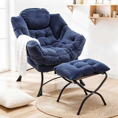 Lazy Chair with Ottoman, Modern Skinny Lounge Chair with Footrest | Foldable Footrest, Padded Seat & Backrest, Side Pocket Comfy Accent Reading Chair for Living Room & Small Spaces, Navy Blue - color: Navy Blue