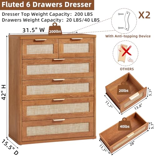 LEYAOYAO Rattan Dresser for Bedroom, 41" Tall Chest of Drawers | Gold Metal Handle, Brown Modern 6 Drawers Boho Dressers with Storage for Living Room, Hallway - color: Tea Brown, size: 15.5"D x 31.5"W x 41"H (6 Drawers)