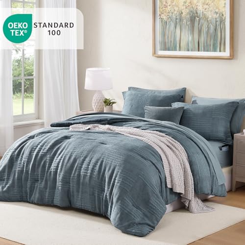 MaiRêve Full Comforter Set Crinkle Textured Dusty Blue Bedding 7 Pieces | Boho All Season Bed in a Bag with Comforter, Sheets, Pillowcases & Shams - color: Dusty Blue, size: Full