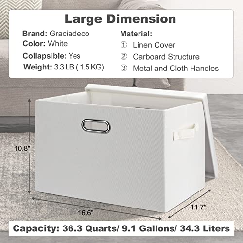 Graciadeco Large 17" 36 Quart Collapsible Stackable Storage Bins with Lids, 1 Pack White Foldable Fabric Closet Storage Boxes with Lids, 4 Handles Heavy-duty Linen Cube Baskets for Bedroom | 36 Quart 1 Pack White Collapsible Stackable Linen Fabric 4 Handl
