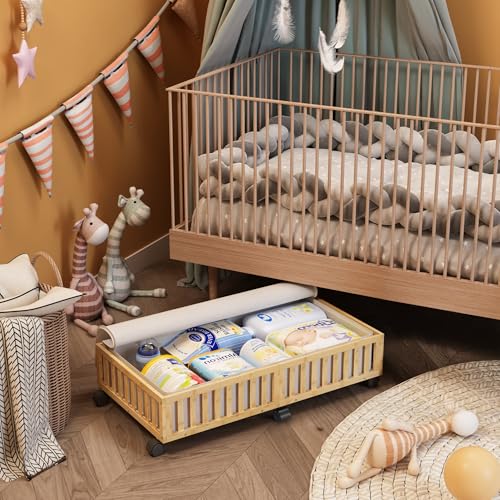 2 Pack Large Bamboo Under Bed Storage Containers with Wheels, Nature | Underbed Drawer Storage with Bag, Wood Rolling Underbed Organizer for Shoes, Sheets Clothes Blanket Comforter, Under Crib Toy - color: Nature, size: 2 PCS (33.07"×16.54")
