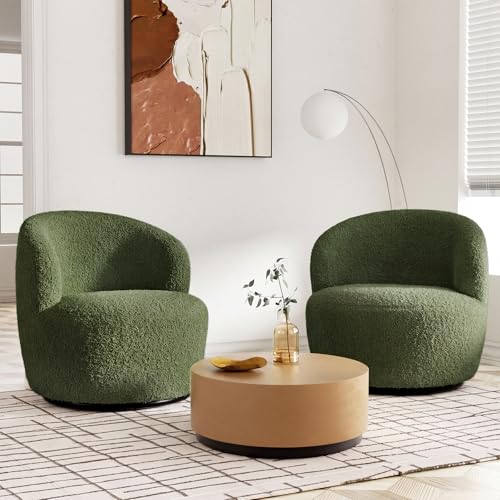 FiveWillowise Swivel Accent Chair, 360° Small Round Barrel Chairs, Modern Cozy Sherpa Padded Armchair for Living Room, Bedroom, Waiting Room, Office, Moss Green - color: Moss Green, size: 1 PC