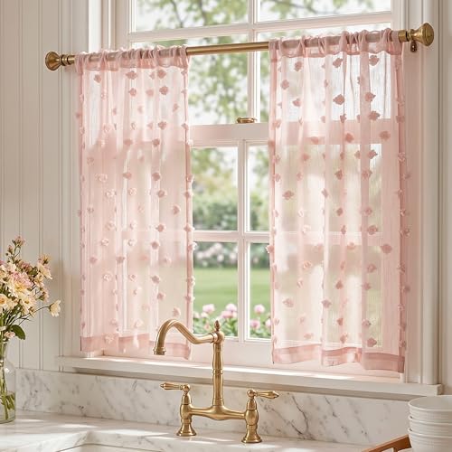 MYSKY HOME Pink Sheer Kitchen Curtains Over Sink 36 inch Length,2 Panels | Light Filtering Semi Sheer with Pom Pom,Short Tier Half Curtains for Cafe Small Window Decor, Rod Pocket,26Wx36L - color: 1-dusty Pink, size: 26"W x 36"L (Pack of 2)