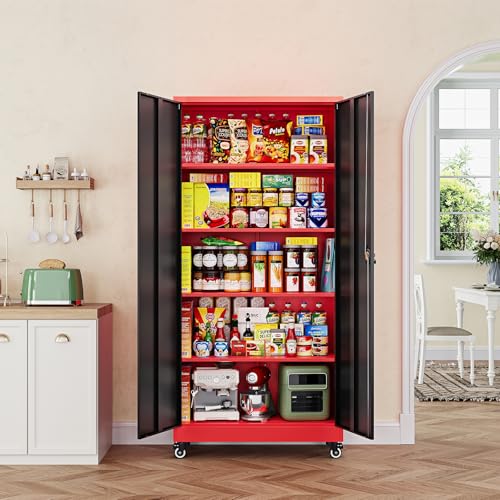 Metal Garage Storage Cabinets with Lock Door and Adjustable Shelves, Steel Tool Cabinets for Home,Office,Warehouse Organisieren (Black Red, 75" H) - color: Black Red, size: 16"D x 32"W x 74.41"H