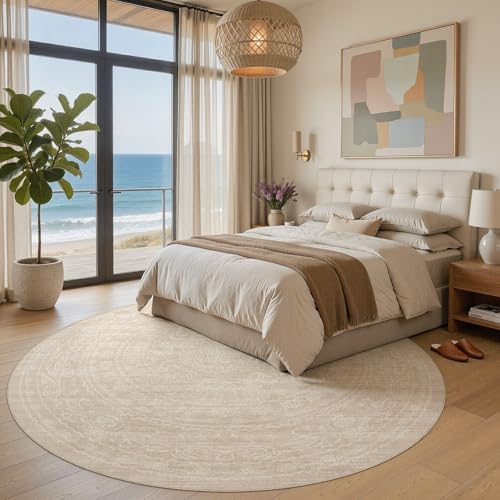 Nakagishi Neutral 8x8 Round Area Rugs Living Room Washable, Beige | Pet & Kid Friendly, Non-Slip, Soft, Low-pile Carpet for Living Room/Bedroom/Playroom/Nursery, Stain Resistant Vintage - color: Beige, size: 8' (Round)