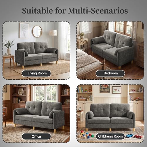 Mid Century Modern Couch, 65" Loveseat Sofa, Light Grey | Storage Pockets, Upholstered Small Loveseat for Small Spaces, Bedroom, Home Office, Apartments - color: Light Grey