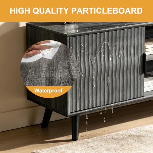 Lightdot 55" Gary Small TV Stand for TVs Up to 65" with Power Outlet | Mid-Century Modern Media Console with Fluted Side Cabinets & 2 Storage Shelves for Living Room Bedroom Entrance - color: Gray Oak/55"